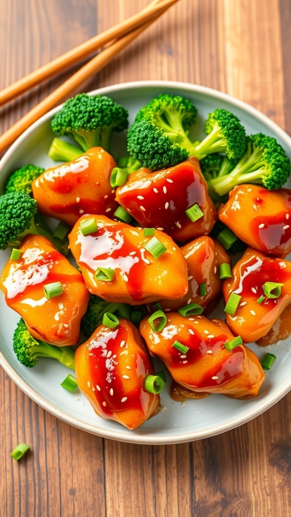 Air fryer honey garlic chicken with broccoli, garnished with sesame seeds and green onions, on a rustic wooden table.